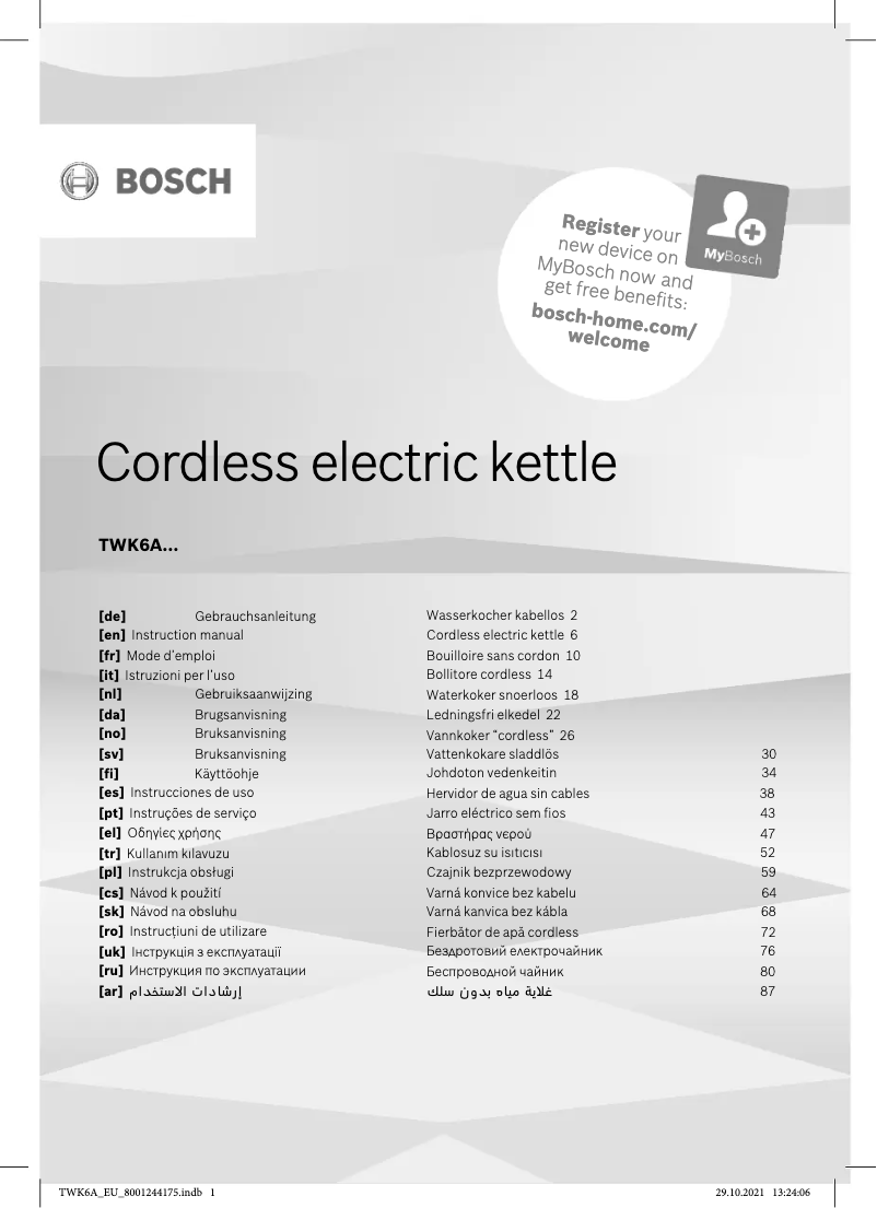 Page 1 de la notice Manuel utilisateur Bosch TWK6A013