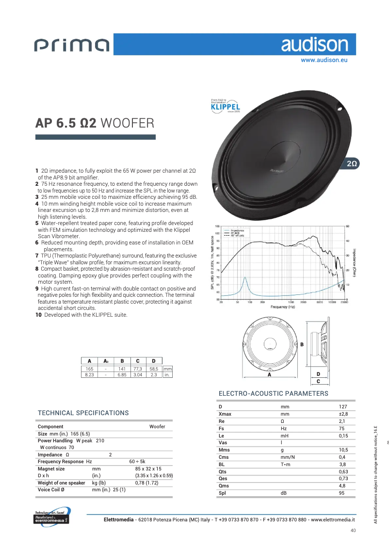 Page 1 de la notice Fiche technique Audison Prima AP 6.5