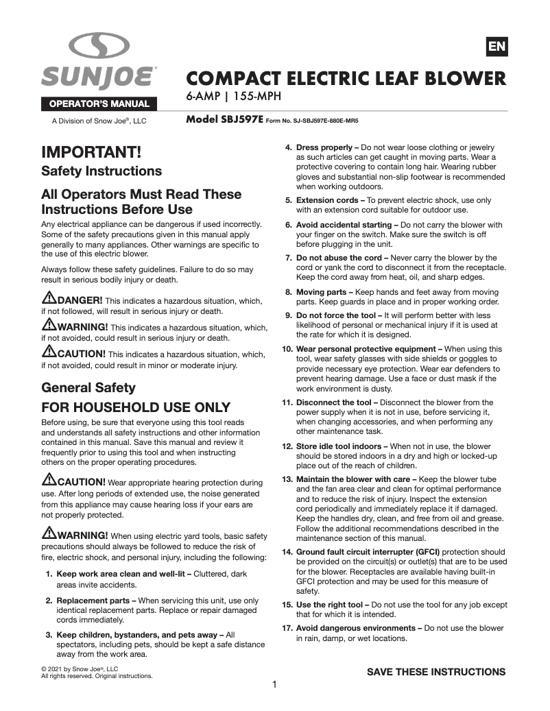 Page n°1 - Manuel utilisateur Sun Joe SBJ597E