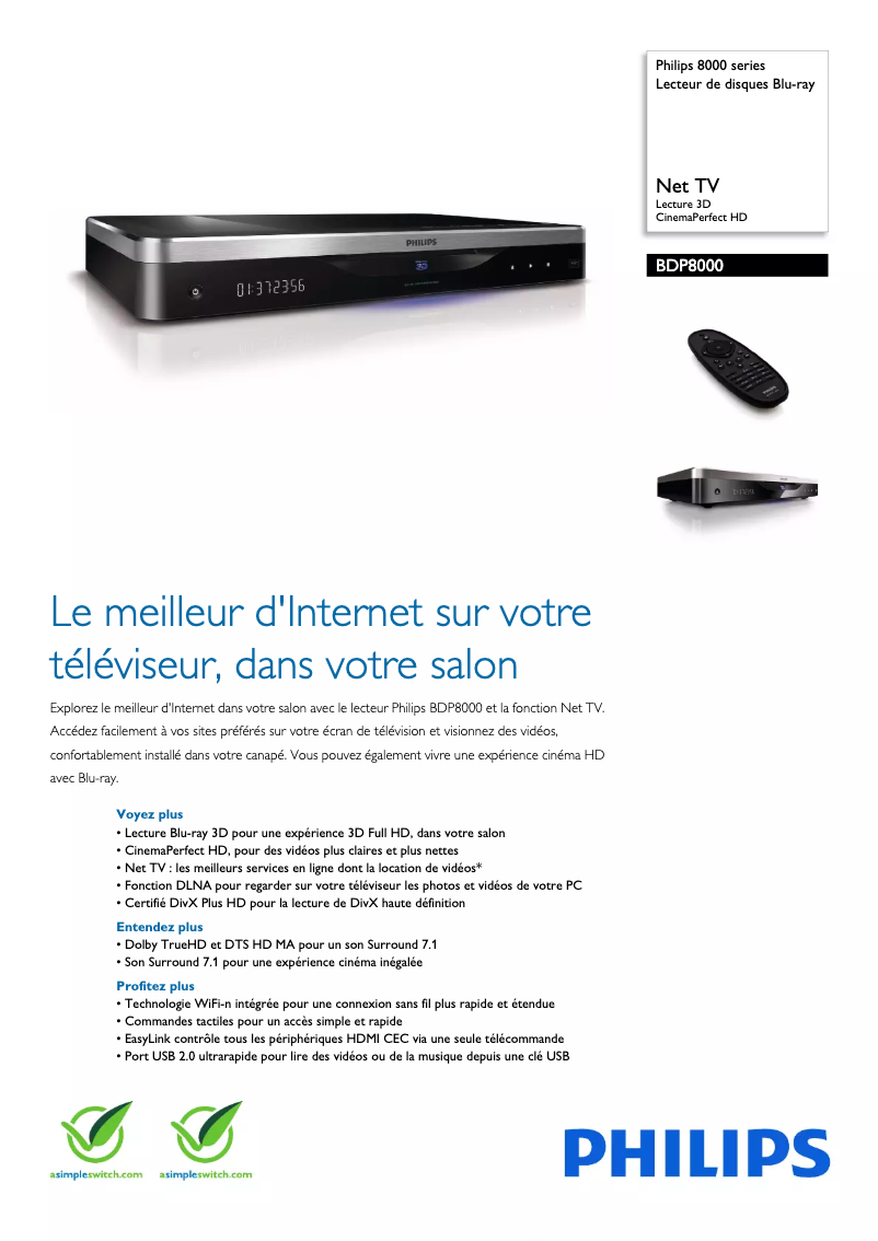 Page 1 of the manual Technical Sheet Philips BDP8000