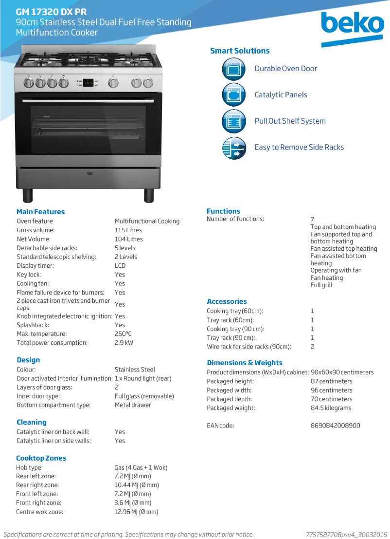 Page 1 de la notice Fiche technique Beko GM17320DXPR