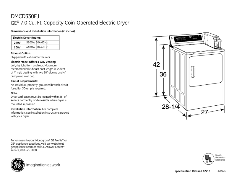 Page n°1 - Fiche technique GE DMCD330EJWC