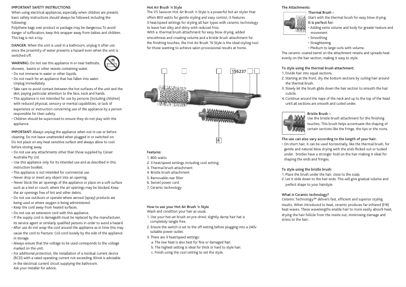 Page 1 de la notice Manuel utilisateur VS Sassoon Brush 'n Style VS8080A