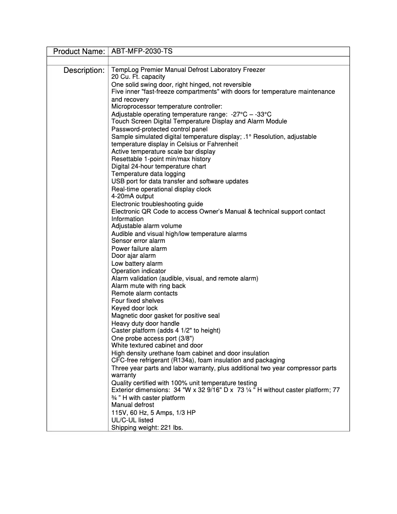 Page 1 de la notice Manuel utilisateur American BioTech Supply ABT-MFP-2030-TS
