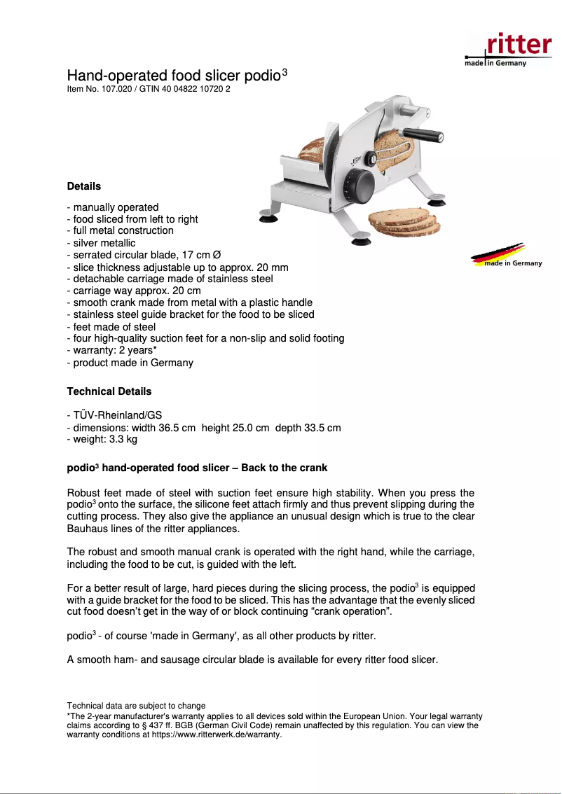 Page 1 of the manual Technical Sheet Ritter Podio 3