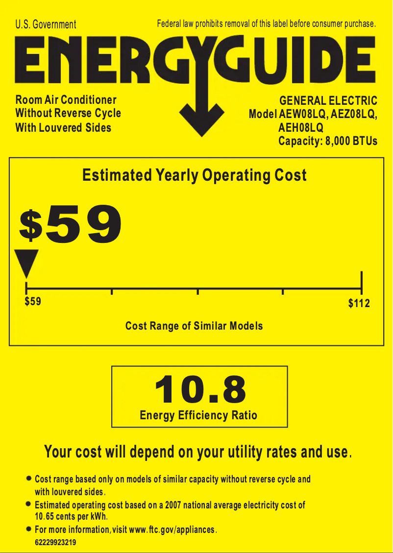 Page 1 de la notice Label énergétique GE AEW08LQ
