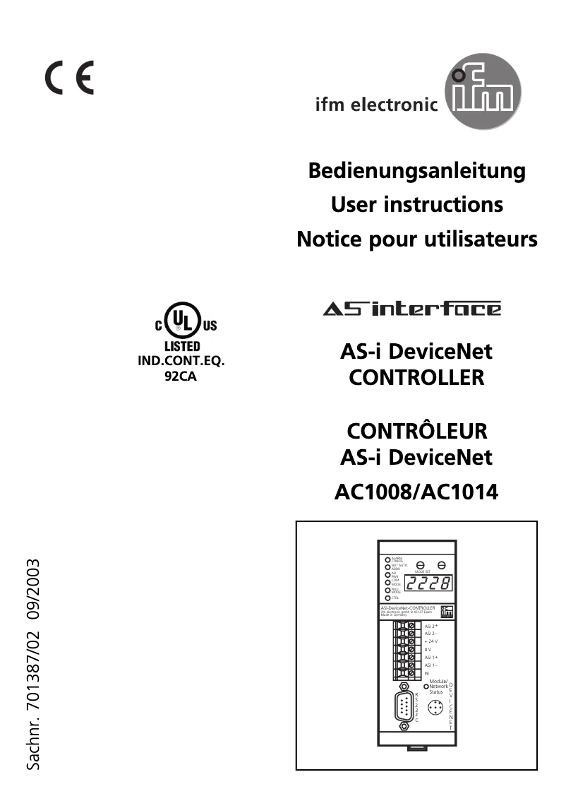 Page 1 de la notice Manuel utilisateur IFM AC1008