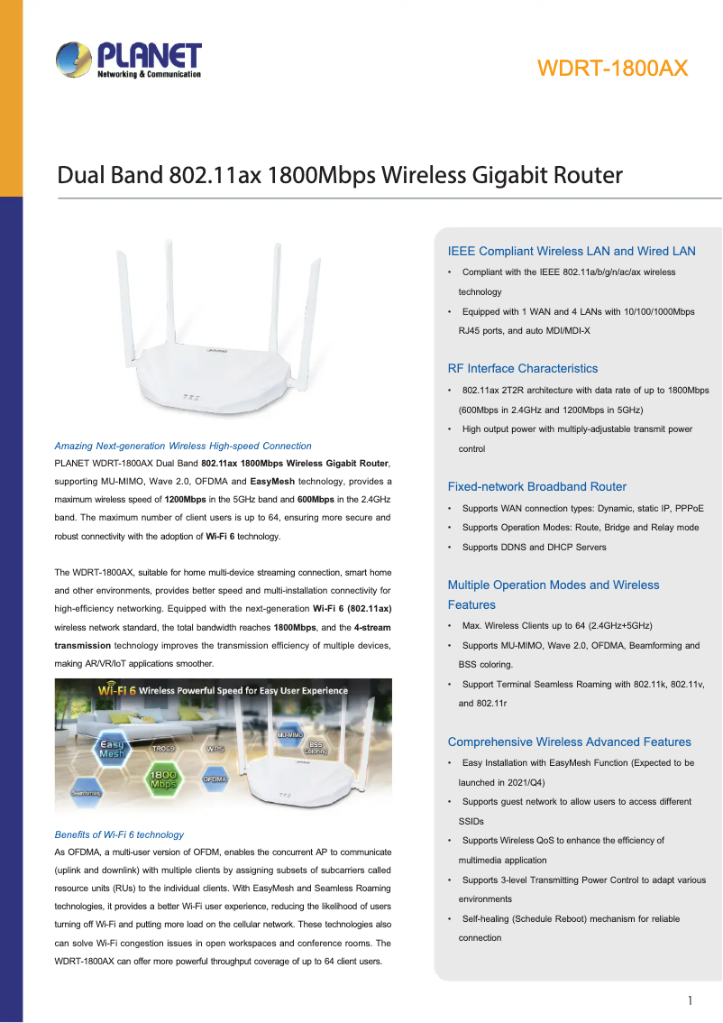 Page 1 de la notice Fiche technique Planet WDRT-1800AX