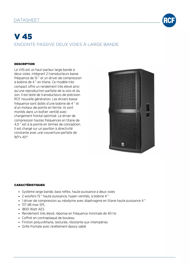 Page 1 de la notice Fiche technique RCF V45