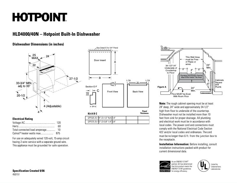 Page 1 de la notice Fiche technique Hotpoint HLD4000NBB