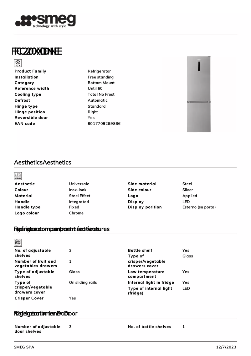 Página 1 del manual Ficha técnica Smeg FC20XDNE