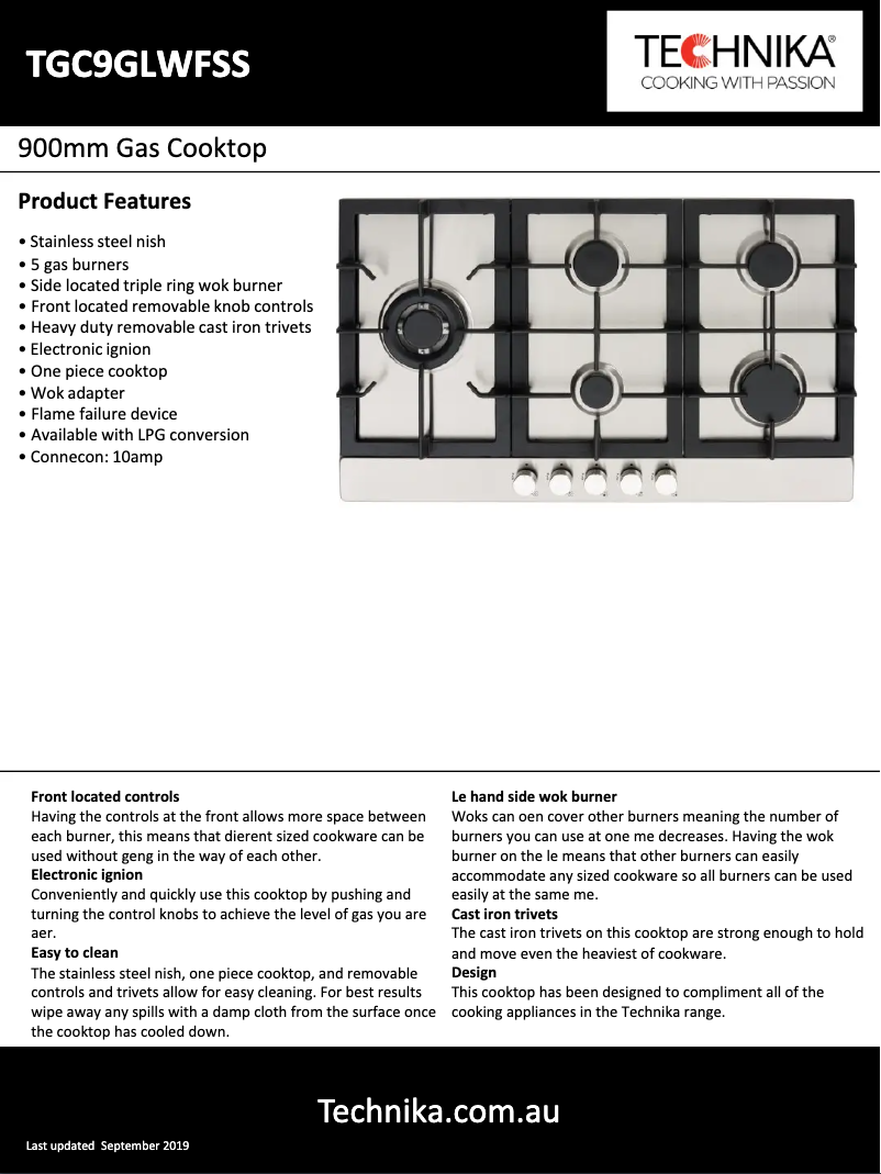 Page 1 de la notice Fiche technique Technika TGC9GLWFSS