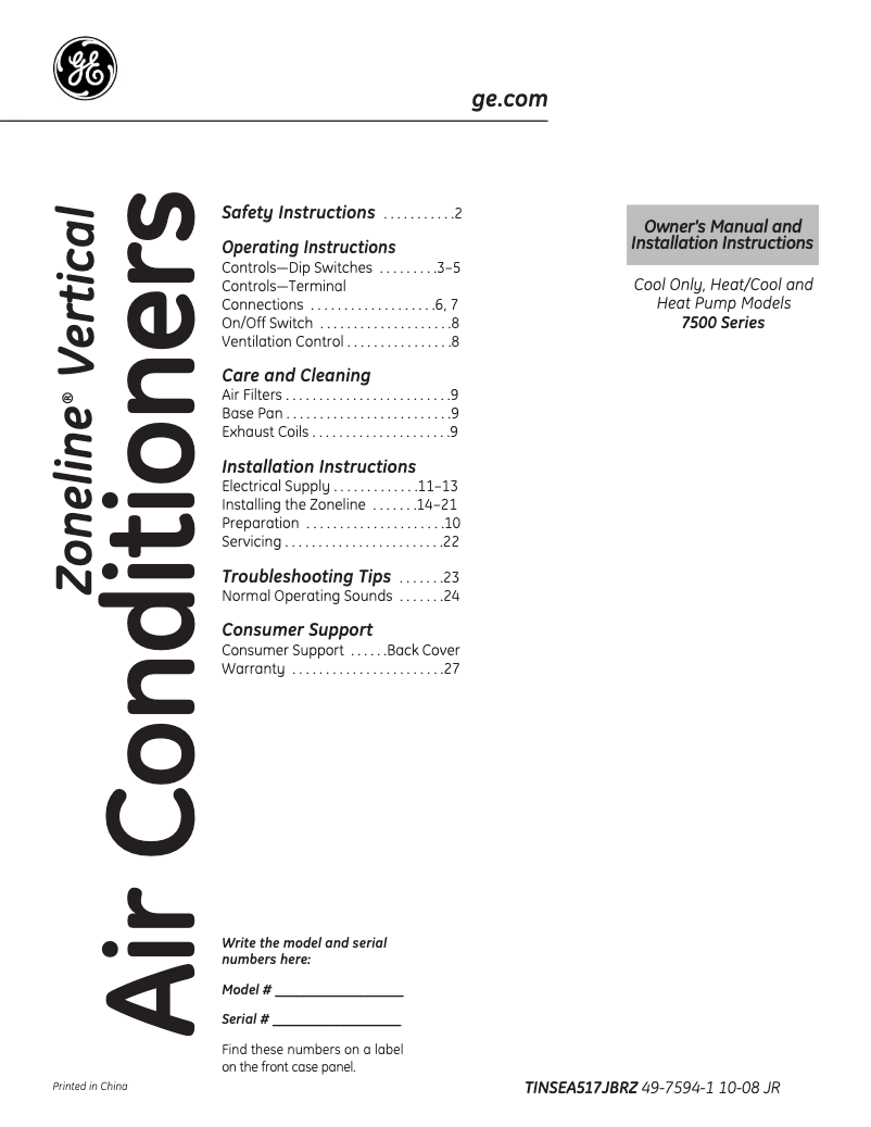 Page n°1 - Manuel d'utilisation et d'entretien GE AZ75H12DAC