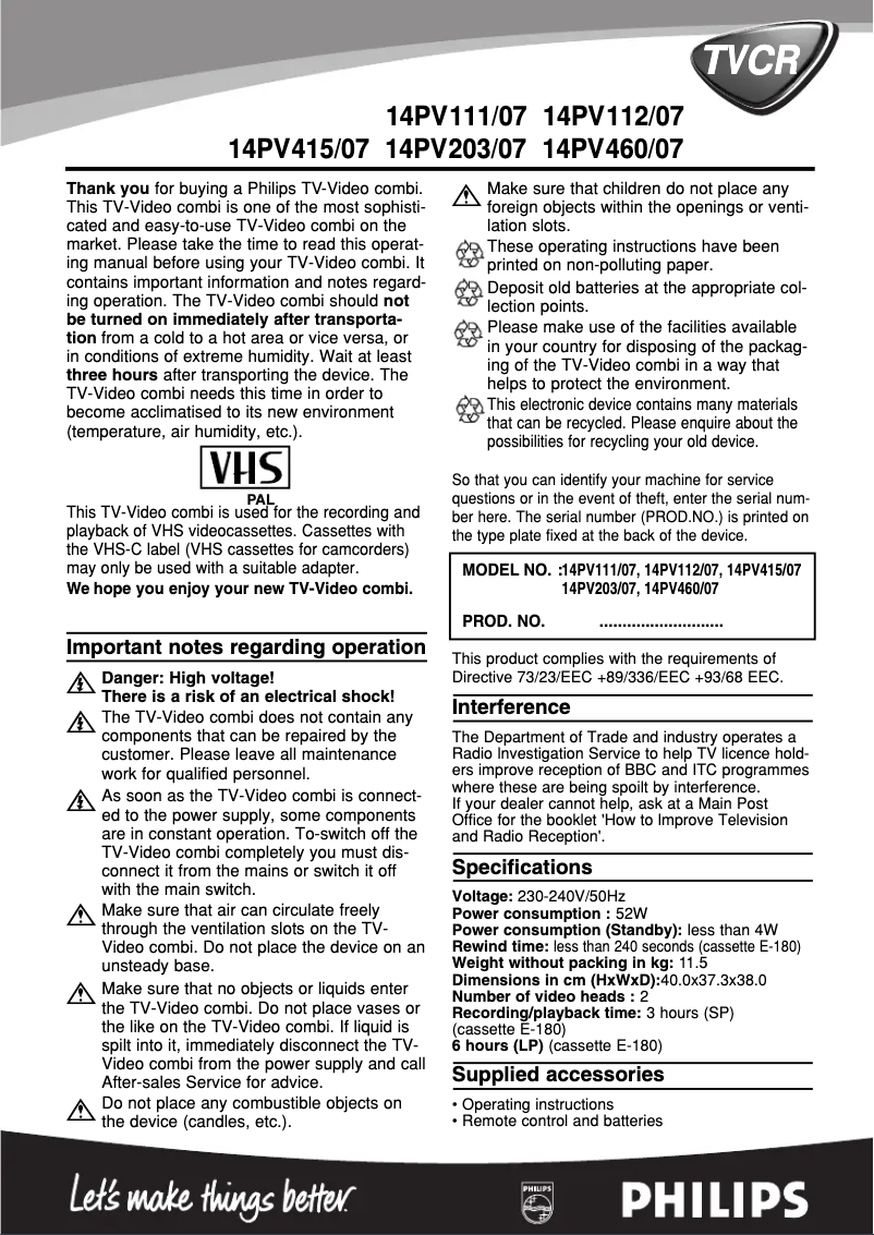 Page 1 de la notice Manuel utilisateur Philips 14PV111