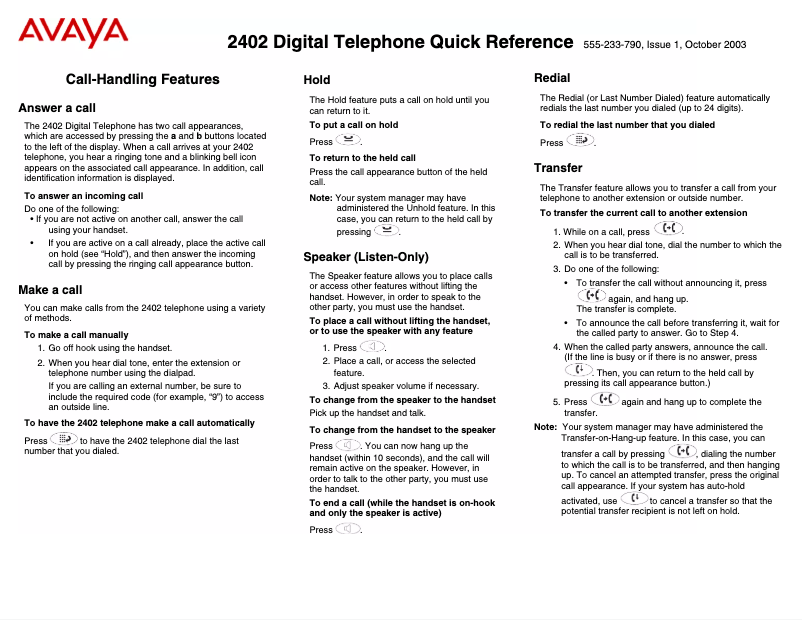 Page 1 de la notice Manuel utilisateur Avaya 2402