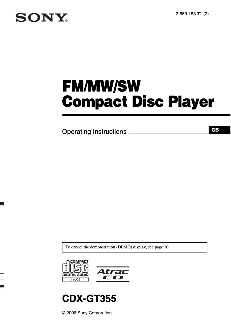 Page 1 de la notice Manuel utilisateur Sony CDX-GT355