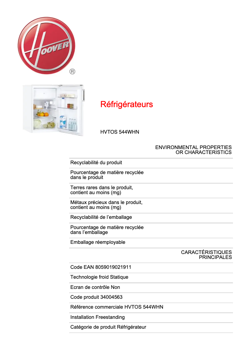 Page 1 de la notice Fiche technique Hoover HVTOS 544WHN