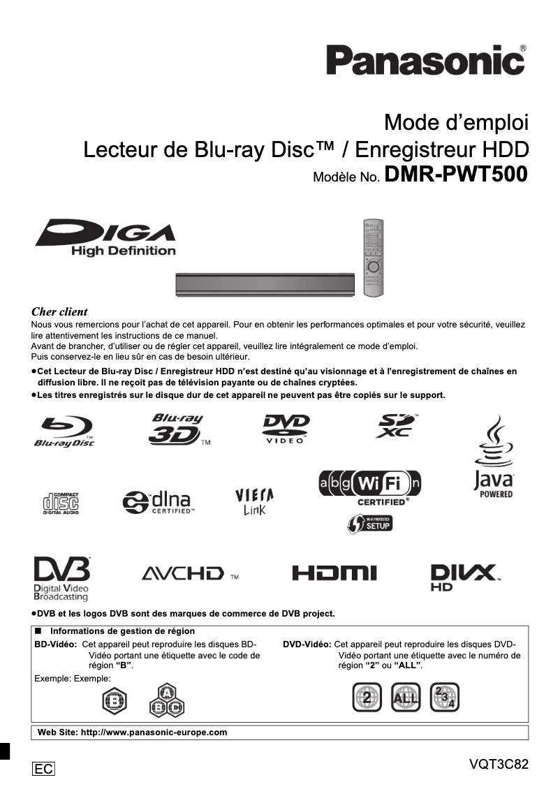 Page 1 de la notice Manuel utilisateur Panasonic DMR-PWT500