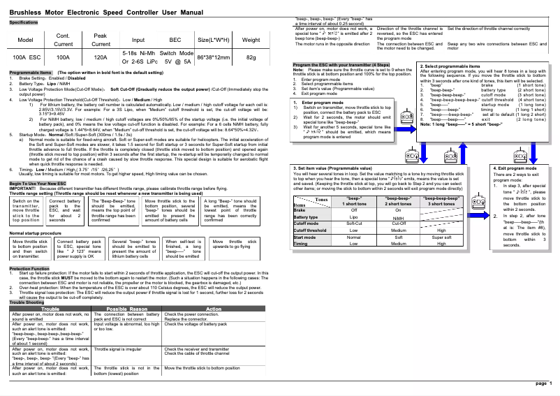Page 1 de la notice Manuel utilisateur FMS Predator 100A ESC