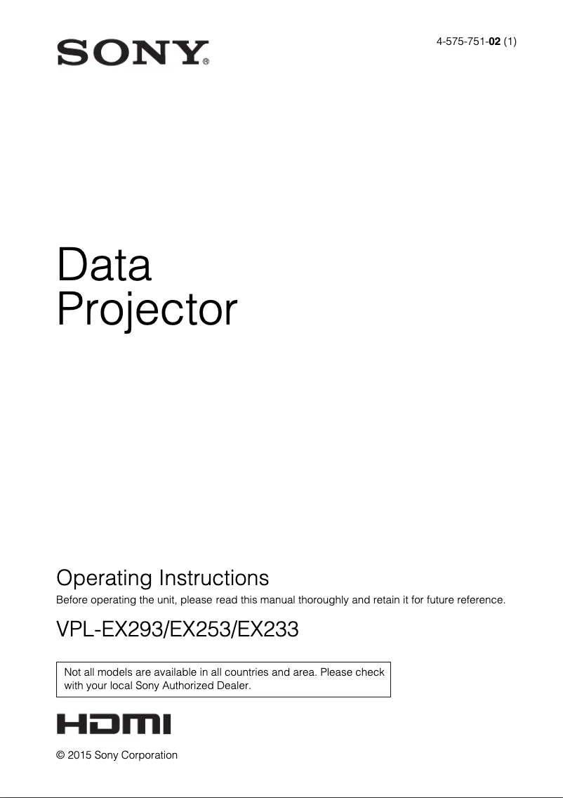 Page n°1 - Manuel utilisateur Sony VPL-EX293