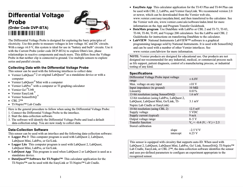 Page n°1 - Manuel utilisateur Vernier Differential Voltage Probe