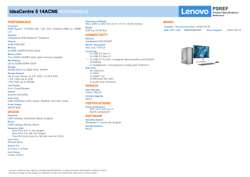 Page n°1 - Fiche technique Lenovo IdeaCentre 5