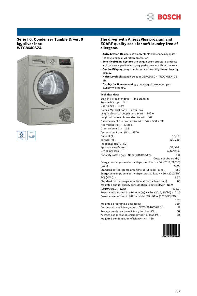 Page 1 de la notice Manuel utilisateur Bosch WTG8640SZA