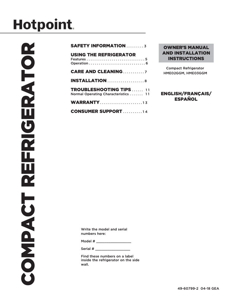 Page 1 de la notice Manuel d'utilisation et d'entretien Hotpoint HME03GGMWW