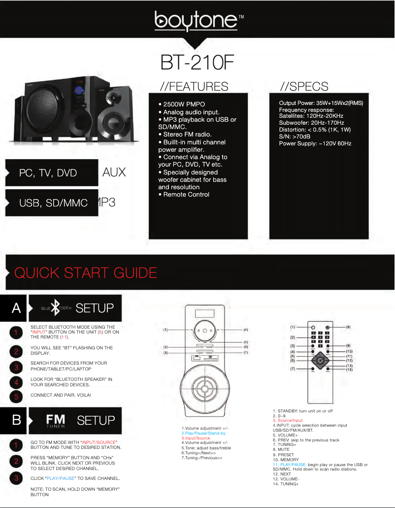 Page n°1 - Manuel utilisateur Boytone BT-210FB