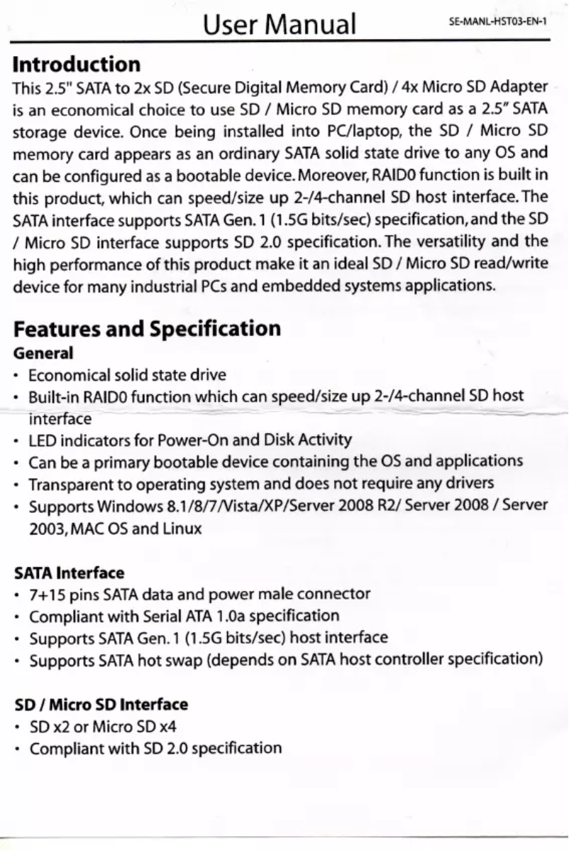 Page 1 de la notice Manuel utilisateur Syba SD-ADA40080