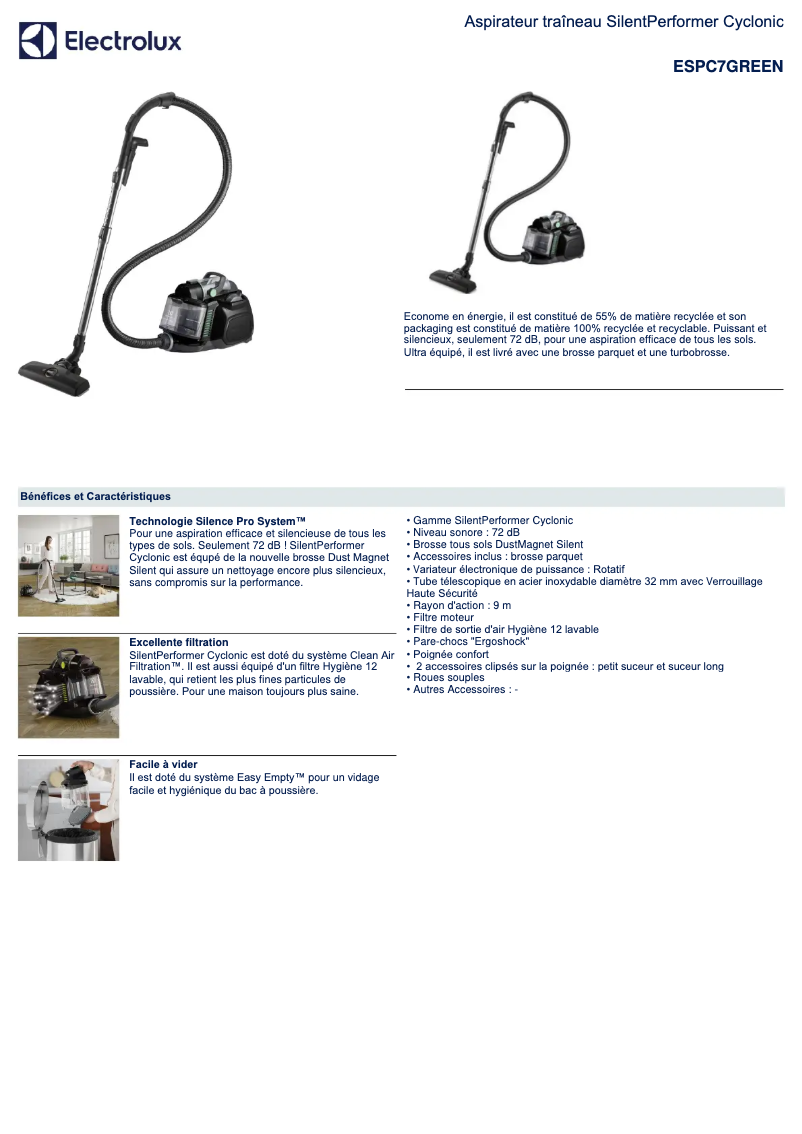 Page 1 de la notice Fiche technique Electrolux Silent Performer Cyclonic
