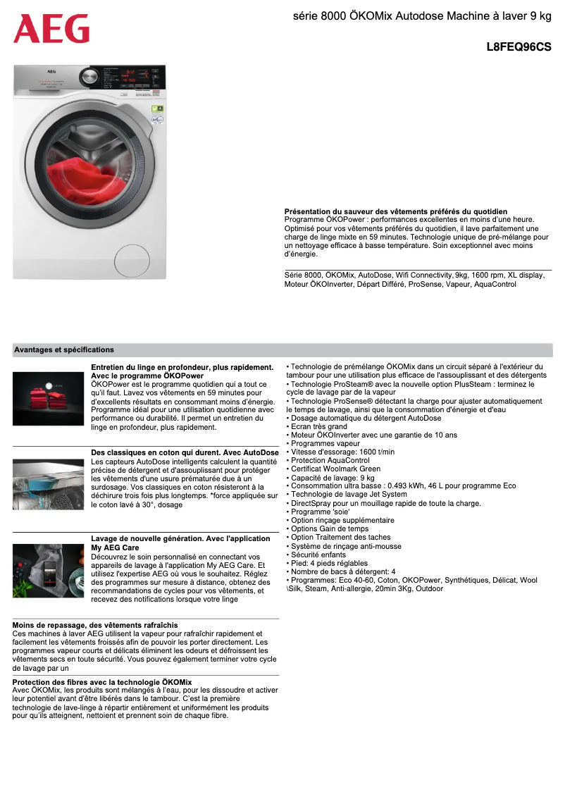 Page 1 de la notice Fiche technique AEG L8FEQ96CS