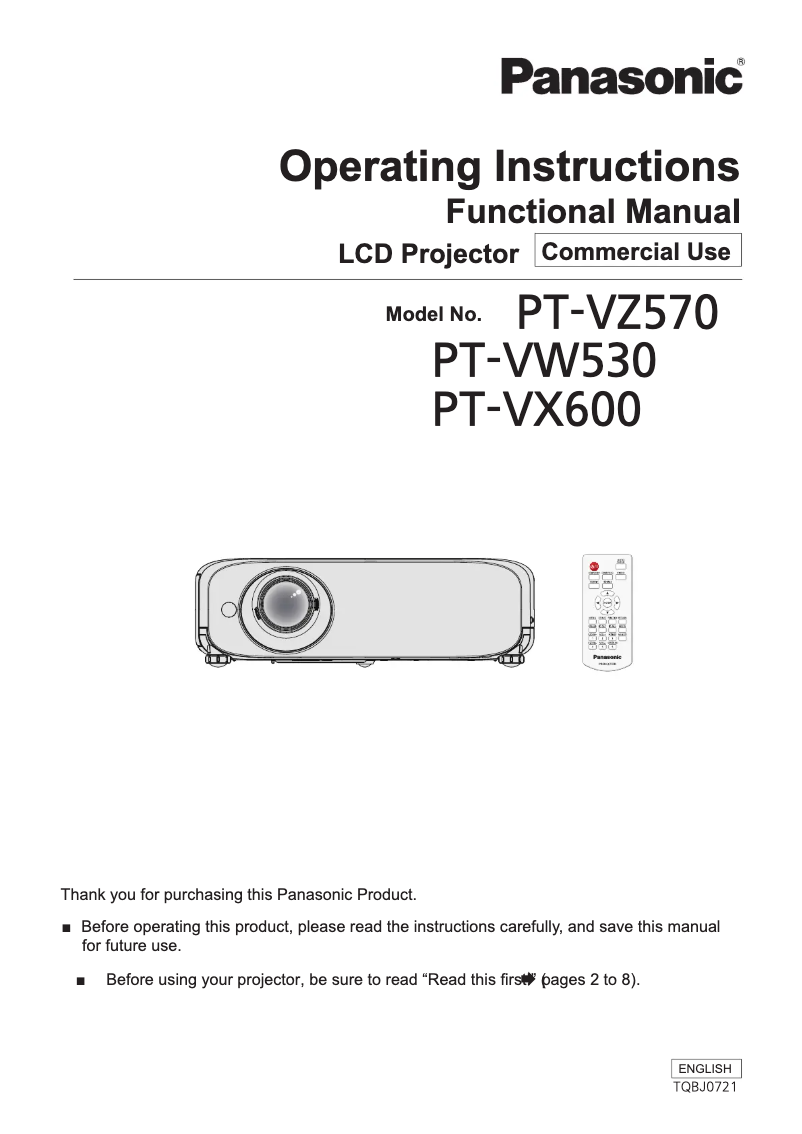 Image de la première page du manuel de l'appareil PT-VW535N