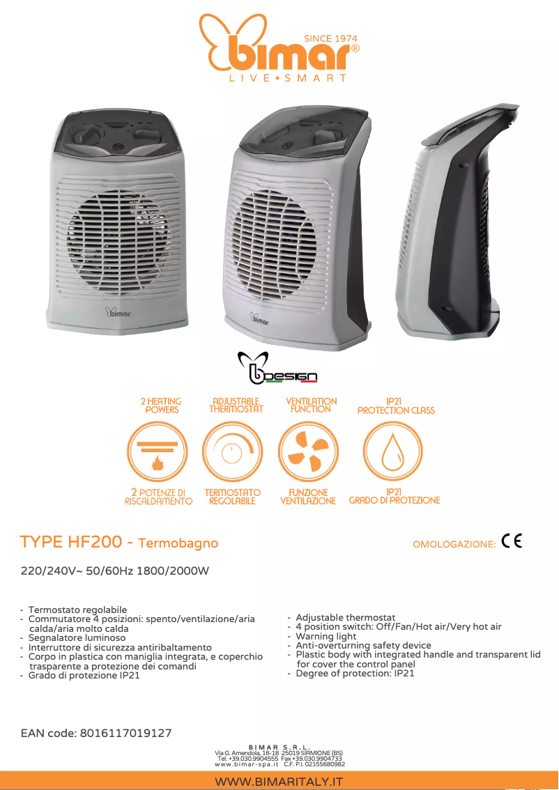 Page 1 de la notice Fiche technique Bimar HF200