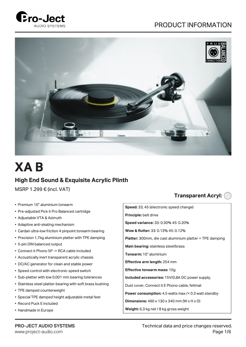 Page n°1 - Fiche technique Pro-Ject XA B