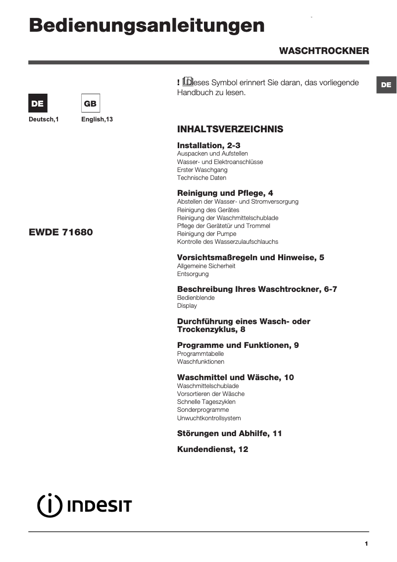 Page n°1 - Manuel utilisateur Indesit EWDE 71680 W DE