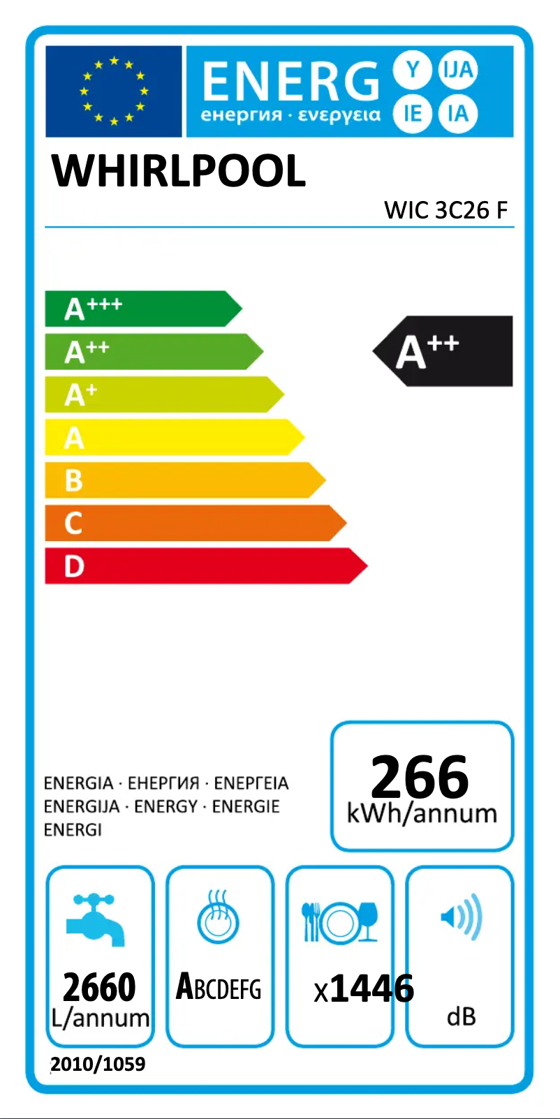 Page 1 de la notice Label énergétique Whirlpool WIC 3C26 F