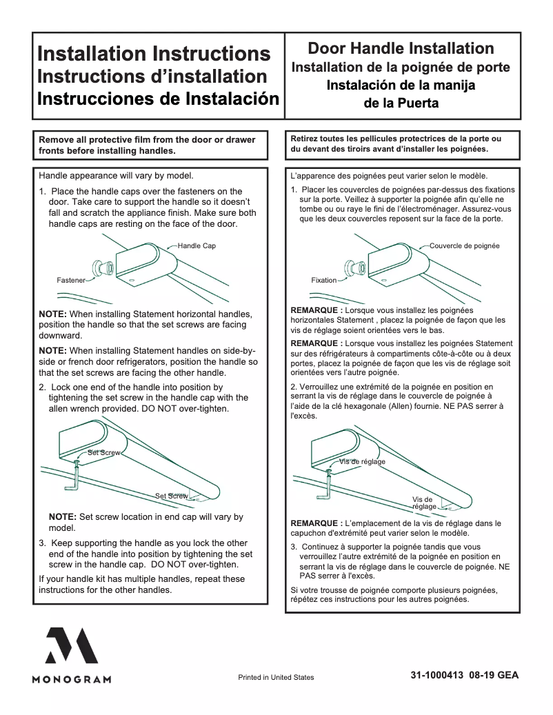 Page 1 de la notice Guide d'installation Monogram ZKSP1H1PNSS