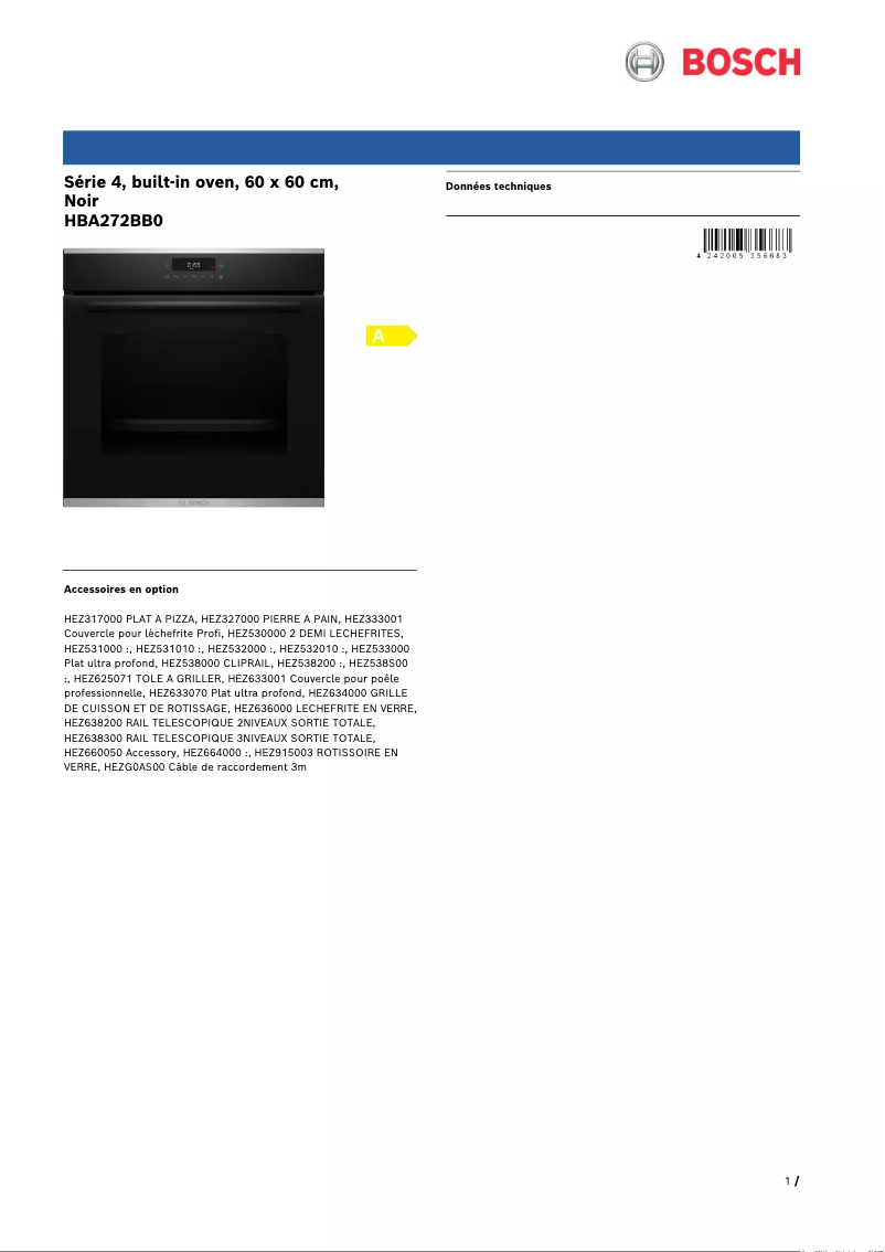 Page 1 de la notice Fiche technique Bosch HBA272BB0