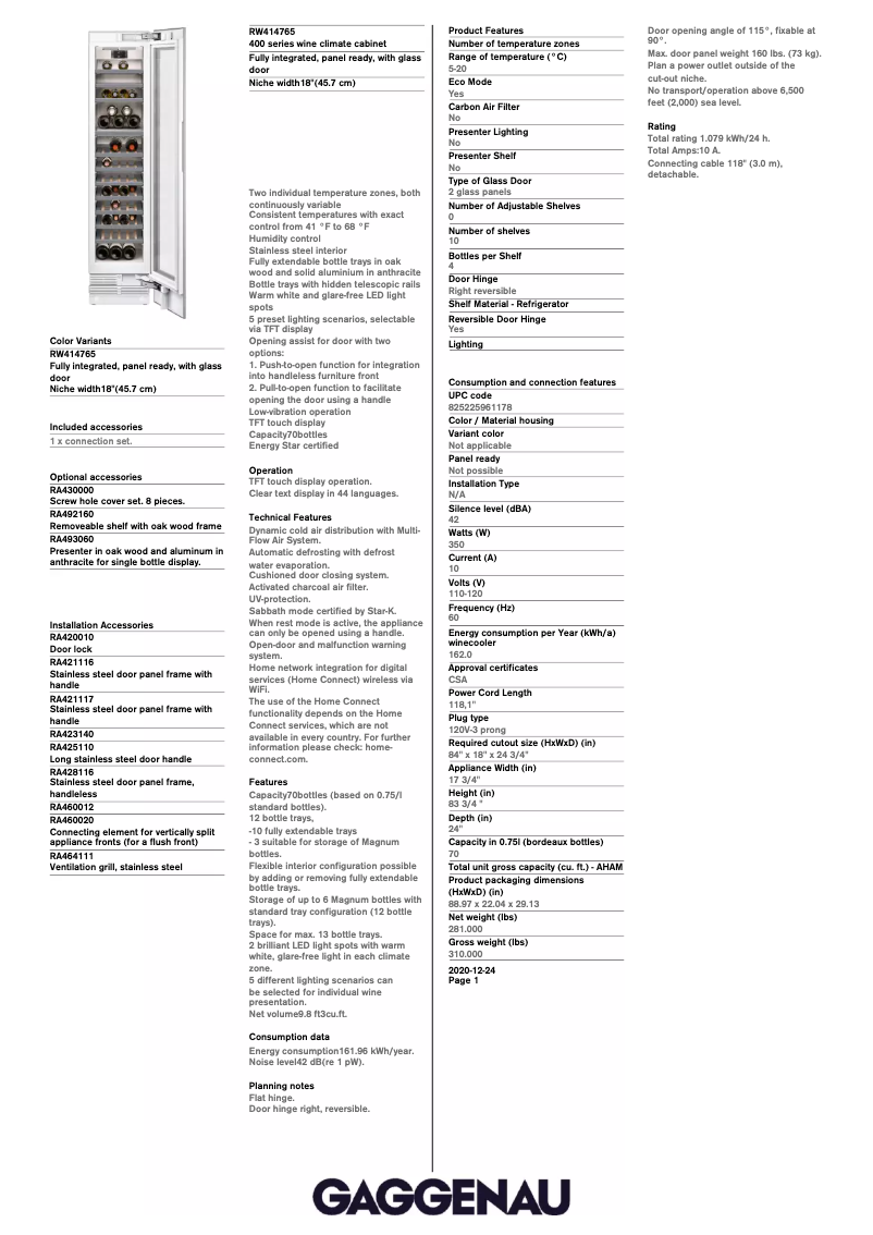 Page n°1 - Fiche technique Gaggenau RW414765