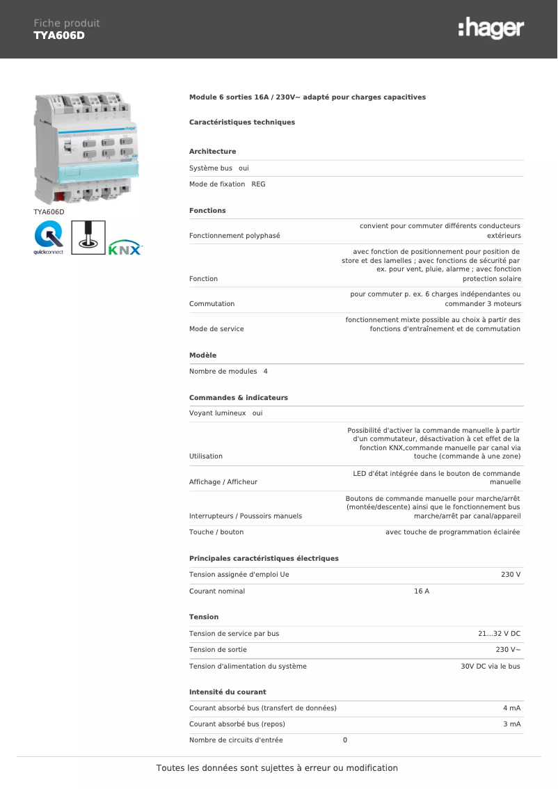 Page 1 de la notice Fiche technique Hager TYA606D