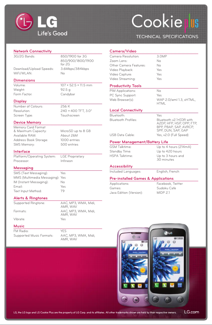 Page 1 de la notice Fiche technique LG GS500GX