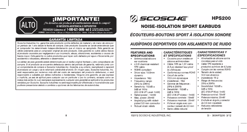 Page 1 de la notice Manuel utilisateur Scosche HPS200GYBL
