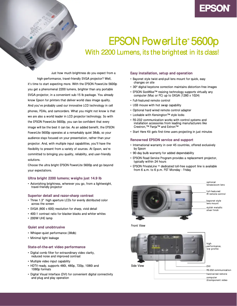 Image de la première page du manuel de l'appareil PowerLite 5600p