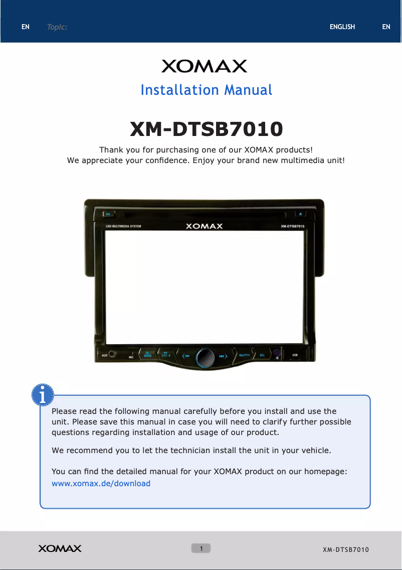 Image de la première page du manuel de l'appareil XM-DTSB7010