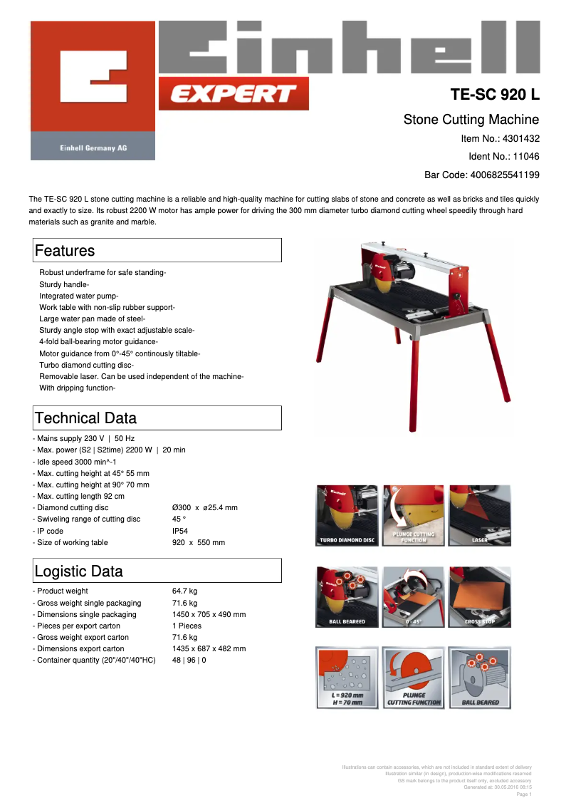 Page 1 de la notice Fiche technique Einhell TE-SC 920 L