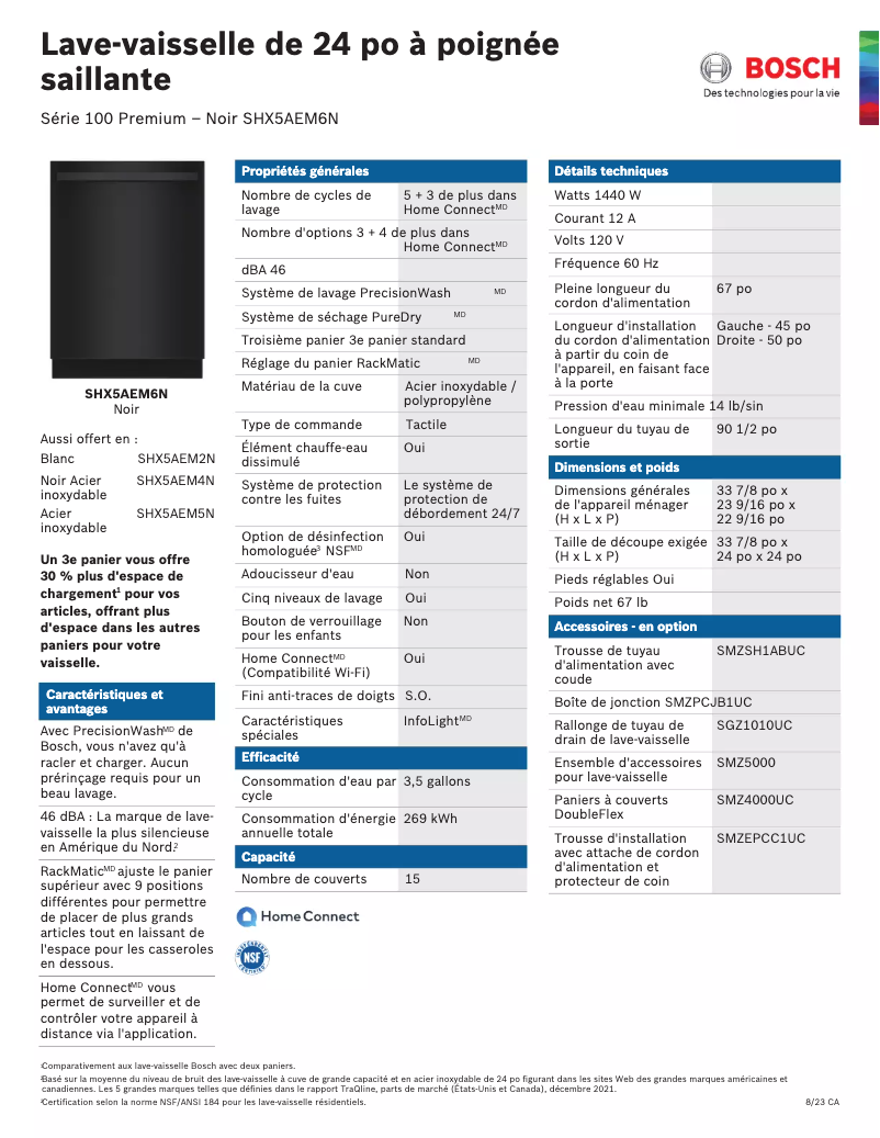 Page 1 de la notice Fiche technique Bosch SHX5AEM6N