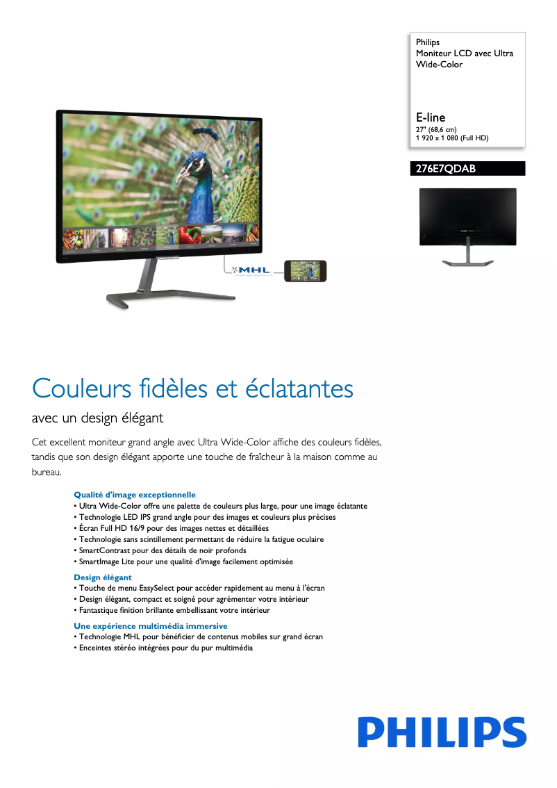 Page 1 de la notice Fiche technique Philips 276E7QDAB