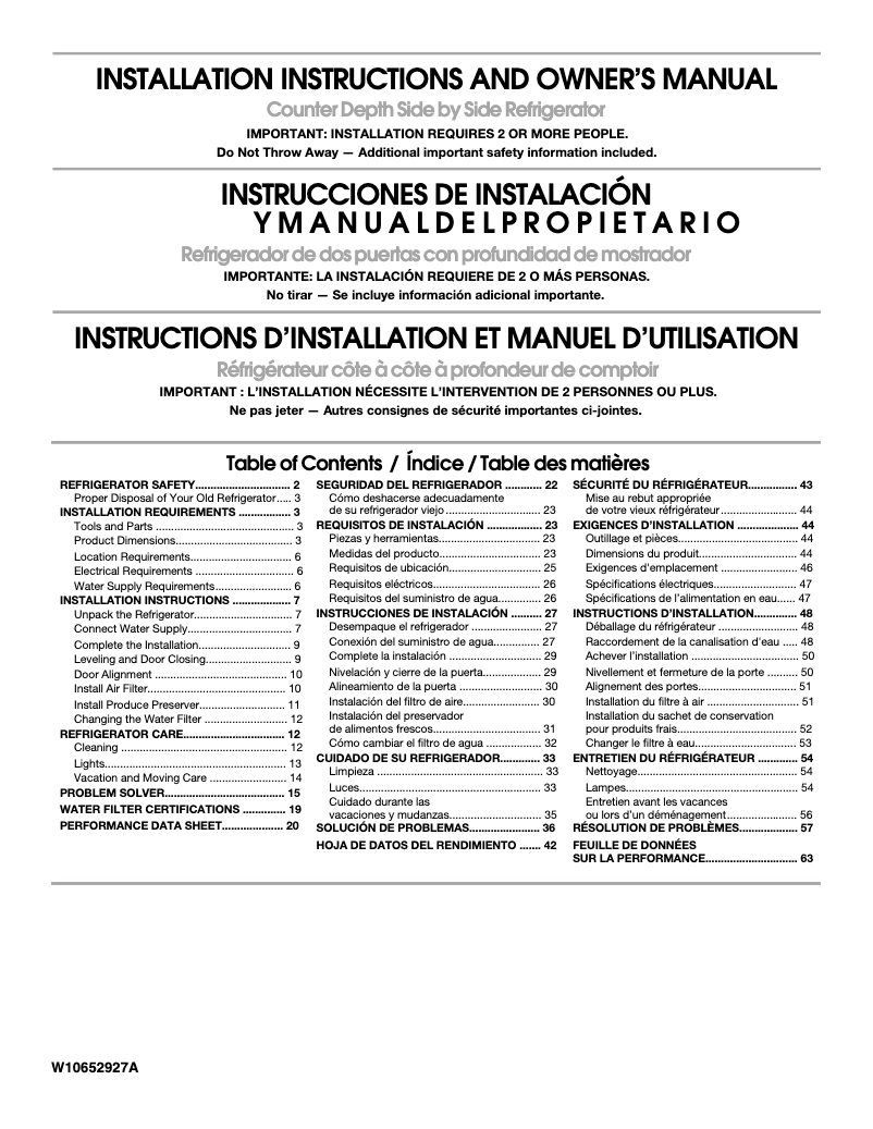 Página 1 del manual Guía de instalación Whirlpool WRS970CIDM