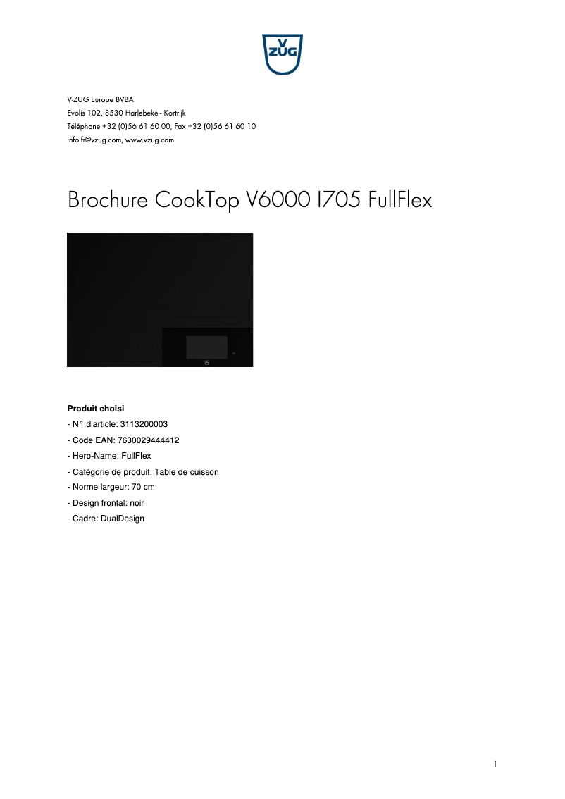 Page 1 de la notice Brochure V-Zug CookTop V6000 I705 FullFlex